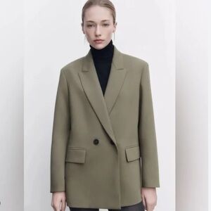 Zara Oversized Blazer Double Breasted Long Sleeve Small Olive Green NWOT